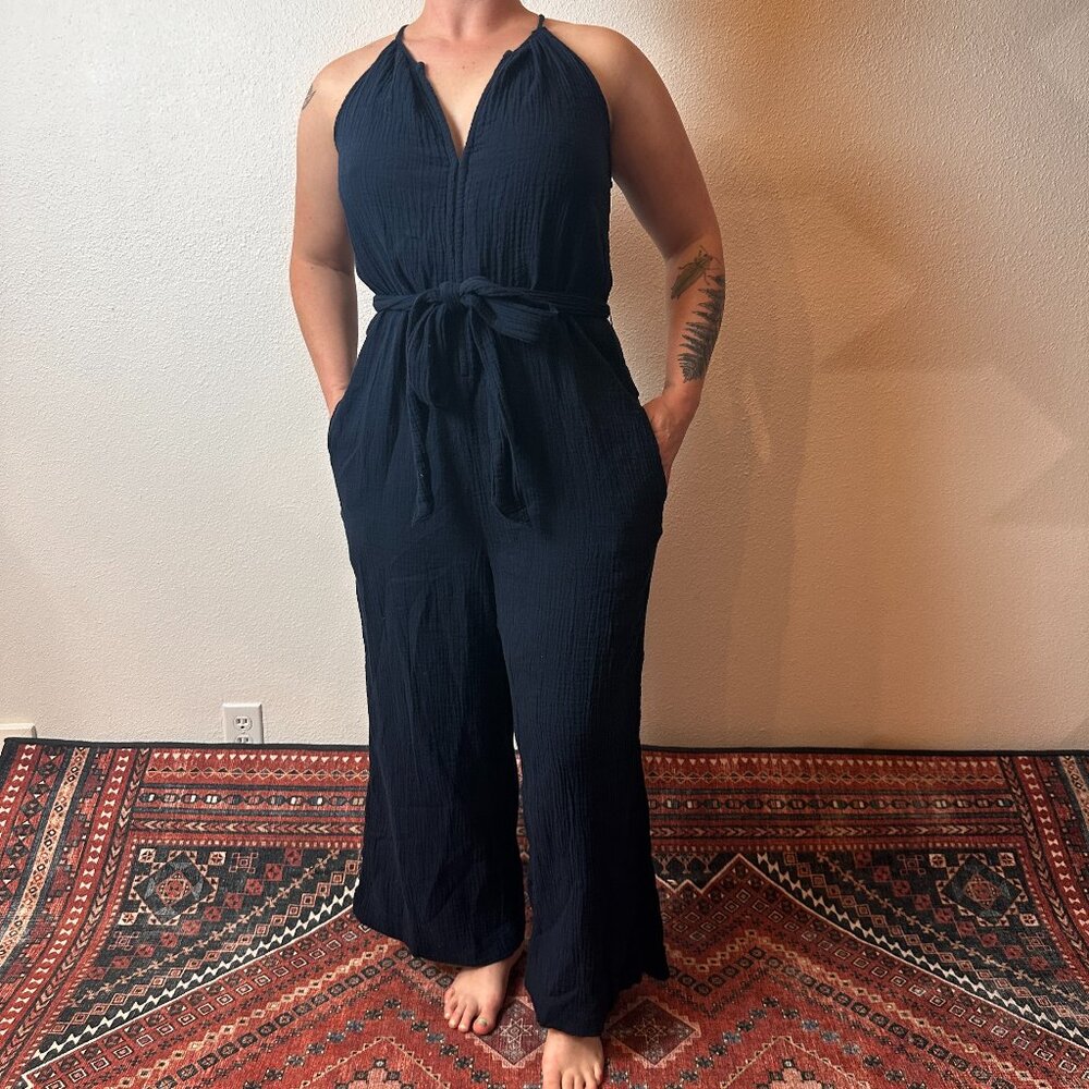 Gap Navy Waffle Long Jumpsuit V Neck Wide Leg Sleeveless Size 10